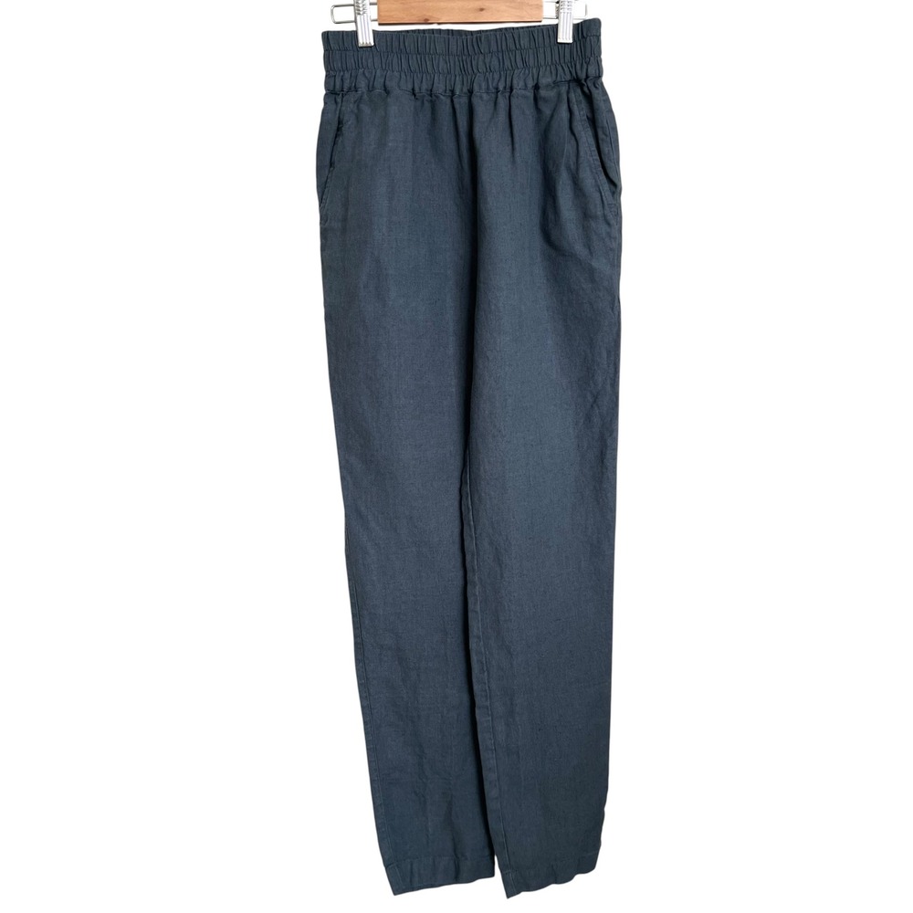 Not Perfect Linen Athena 2 100% Linen High Rise Elastic Tapered Pants Gray Blue